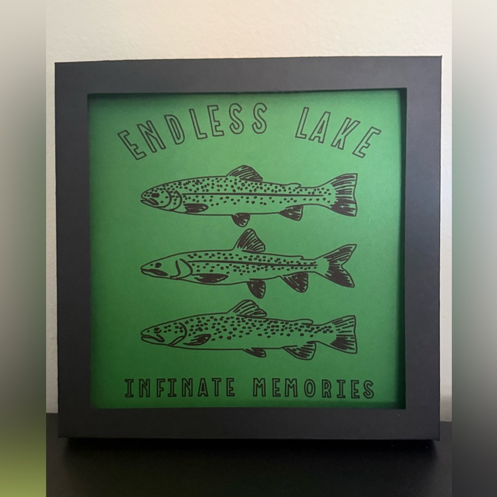 8x8” shadowbox Framed Art with Fish Design lake house decor cool calligraphy